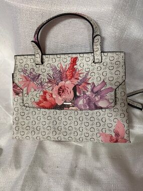GUESS White Signature Top-Handle Tote w/Pink and Purple Flower Accents & Strap